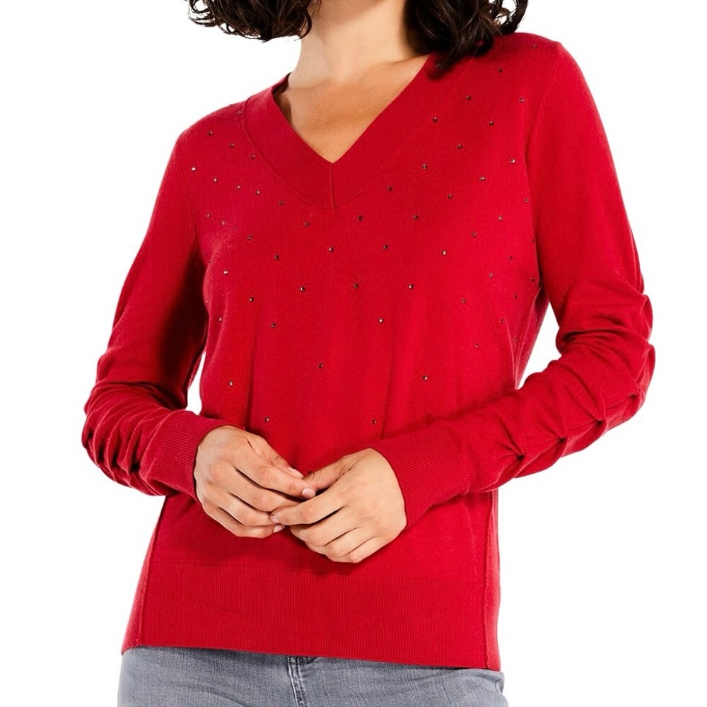 NWT $168 NIC+ZOE Relaxed Glam Sweater Red Women XL‎ Rhinestone Ruched Sleeves